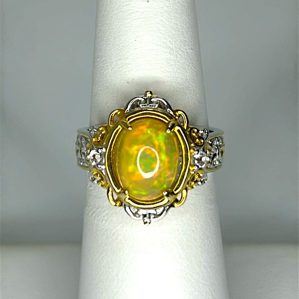NWOT Gems En Vogue Sterling 18K Ethiopian Opal White Topaz Designer Ring Boho - Picture 1 of 10